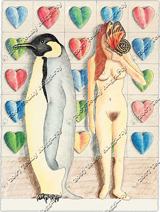 Naked Woman,Penguin and Butterfly
